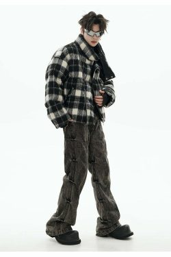 GCINIM Y2K Asymmetrical Zip Plaid Padded Jacket - 90s Grunge, Retro, and Pastel Goth Style