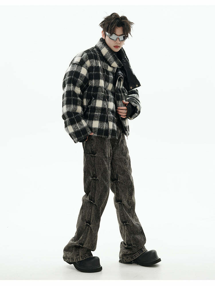 GCINIM Y2K Asymmetrical Zip Plaid Padded Jacket - 90s Grunge, Retro, and Pastel Goth Style