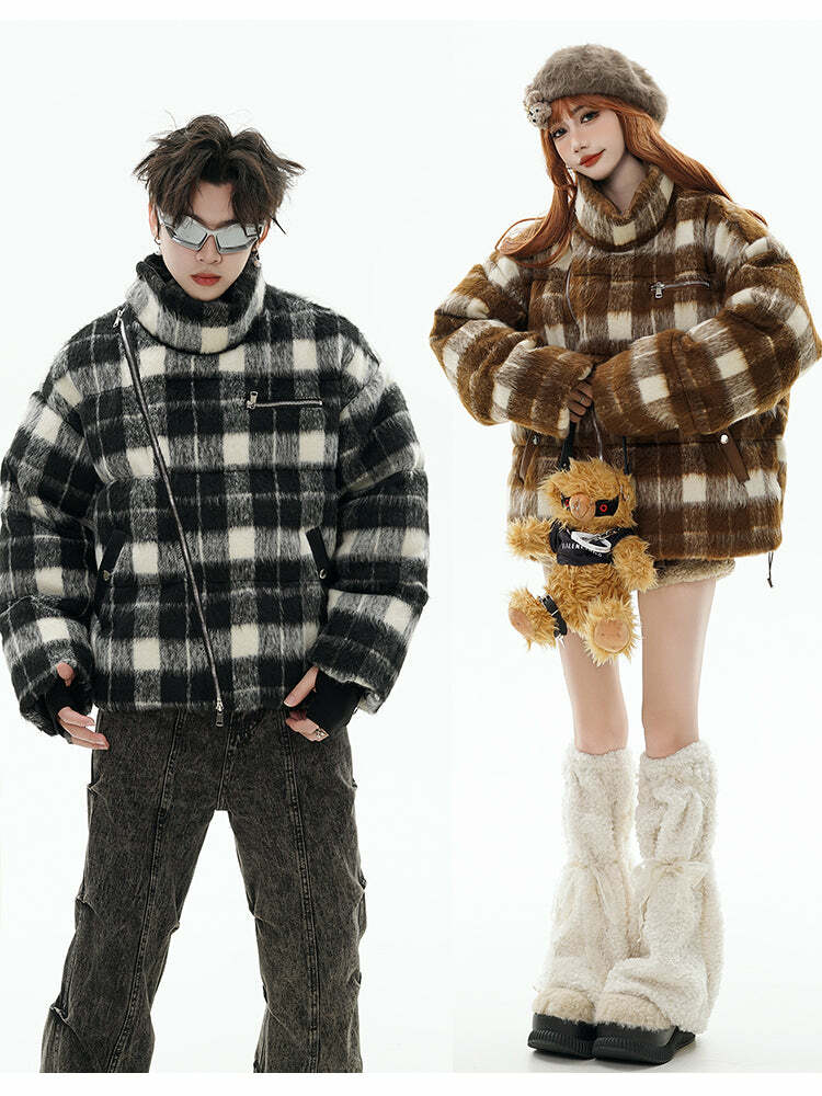 GCINIM Y2K Asymmetrical Zip Plaid Padded Jacket - 90s Grunge, Retro, and Pastel Goth Style