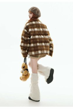 GCINIM Y2K Asymmetrical Zip Plaid Padded Jacket - 90s Grunge, Retro, and Pastel Goth Style