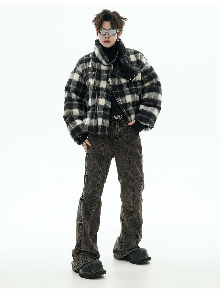 GCINIM Y2K Asymmetrical Zip Plaid Padded Jacket - 90s Grunge, Retro, and Pastel Goth Style