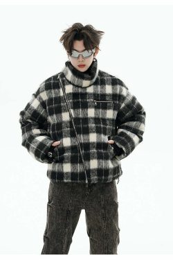 GCINIM Y2K Asymmetrical Zip Plaid Padded Jacket - 90s Grunge, Retro, and Pastel Goth Style