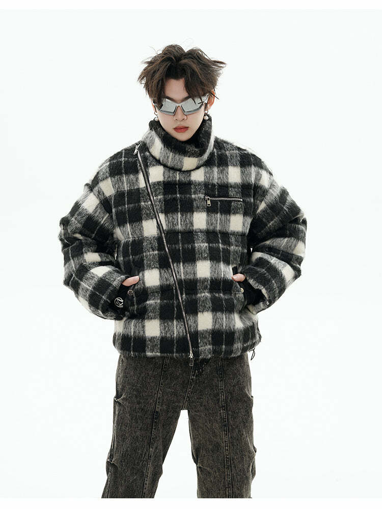 GCINIM Y2K Asymmetrical Zip Plaid Padded Jacket - 90s Grunge, Retro, and Pastel Goth Style