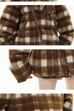 GCINIM Y2K Asymmetrical Zip Plaid Padded Jacket - 90s Grunge, Retro, and Pastel Goth Style
