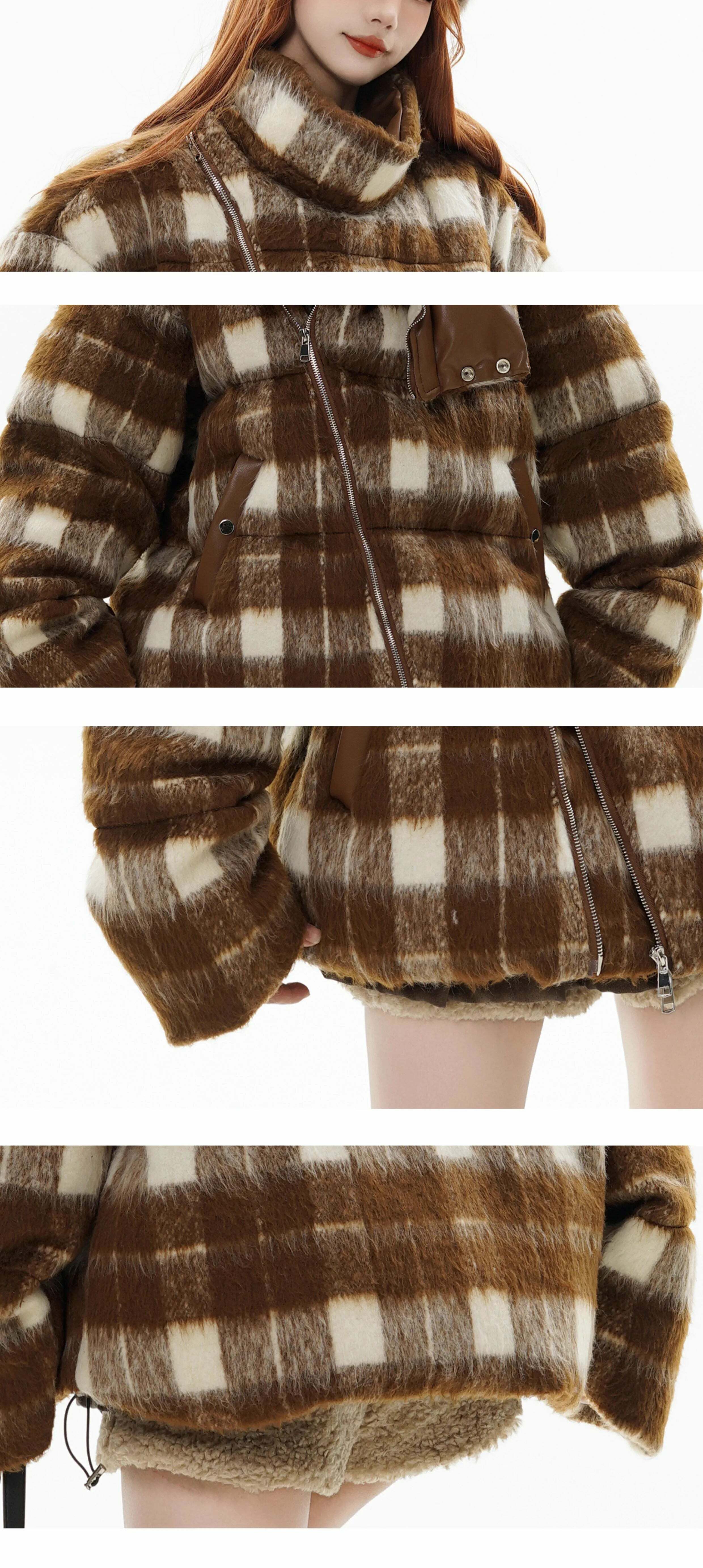 GCINIM Y2K Asymmetrical Zip Plaid Padded Jacket - 90s Grunge, Retro, and Pastel Goth Style