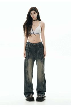 GCINIM Y2K Grunge Paneled Faded Denim Jeans - Retro 90s Fashion, Summer Y2K Outfits