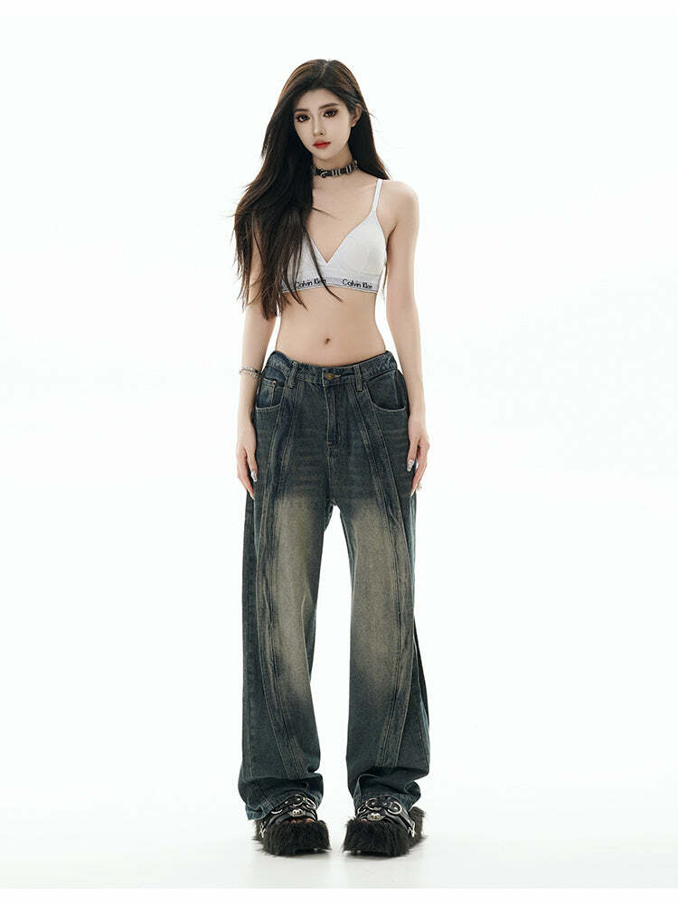 GCINIM Y2K Grunge Paneled Faded Denim Jeans - Retro 90s Fashion, Summer Y2K Outfits