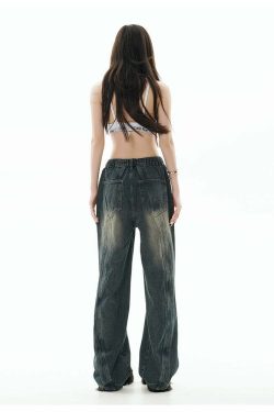 GCINIM Y2K Grunge Paneled Faded Denim Jeans - Retro 90s Fashion, Summer Y2K Outfits