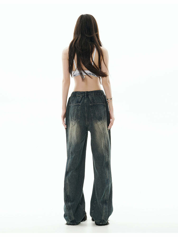 GCINIM Y2K Grunge Paneled Faded Denim Jeans - Retro 90s Fashion, Summer Y2K Outfits