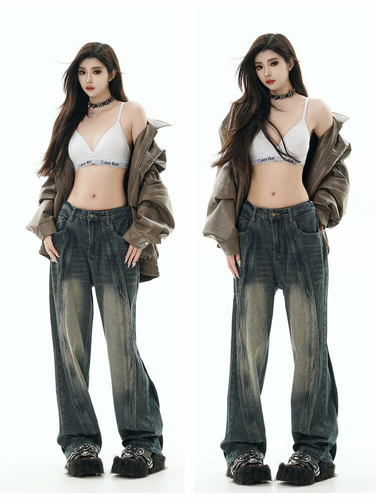 GCINIM Y2K Grunge Paneled Faded Denim Jeans - Retro 90s Fashion, Summer Y2K Outfits