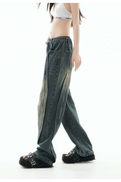 GCINIM Y2K Grunge Paneled Faded Denim Jeans - Retro 90s Fashion, Summer Y2K Outfits
