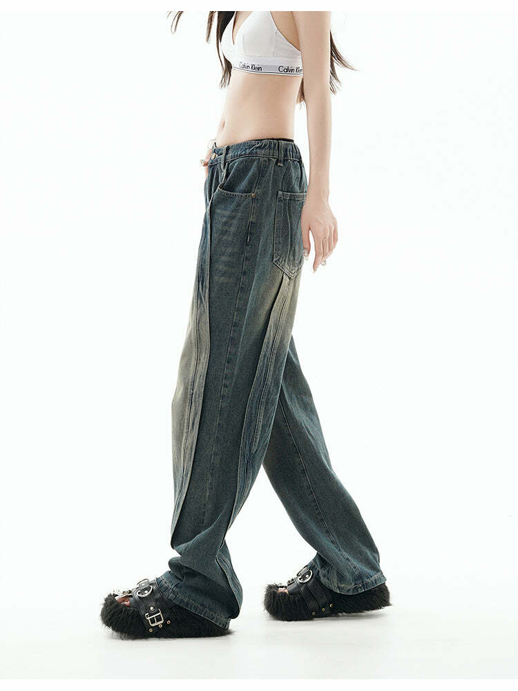 GCINIM Y2K Grunge Paneled Faded Denim Jeans - Retro 90s Fashion, Summer Y2K Outfits