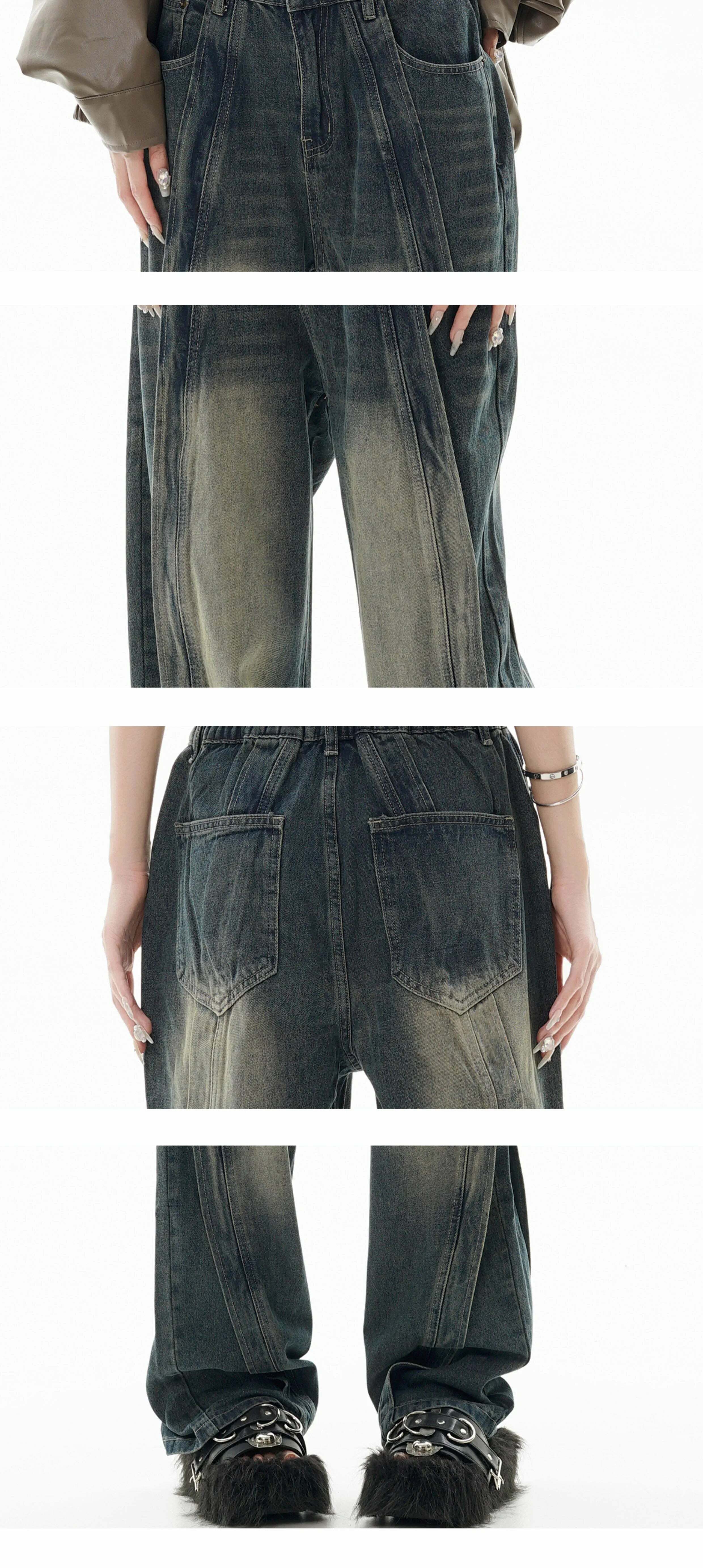 GCINIM Y2K Grunge Paneled Faded Denim Jeans - Retro 90s Fashion, Summer Y2K Outfits