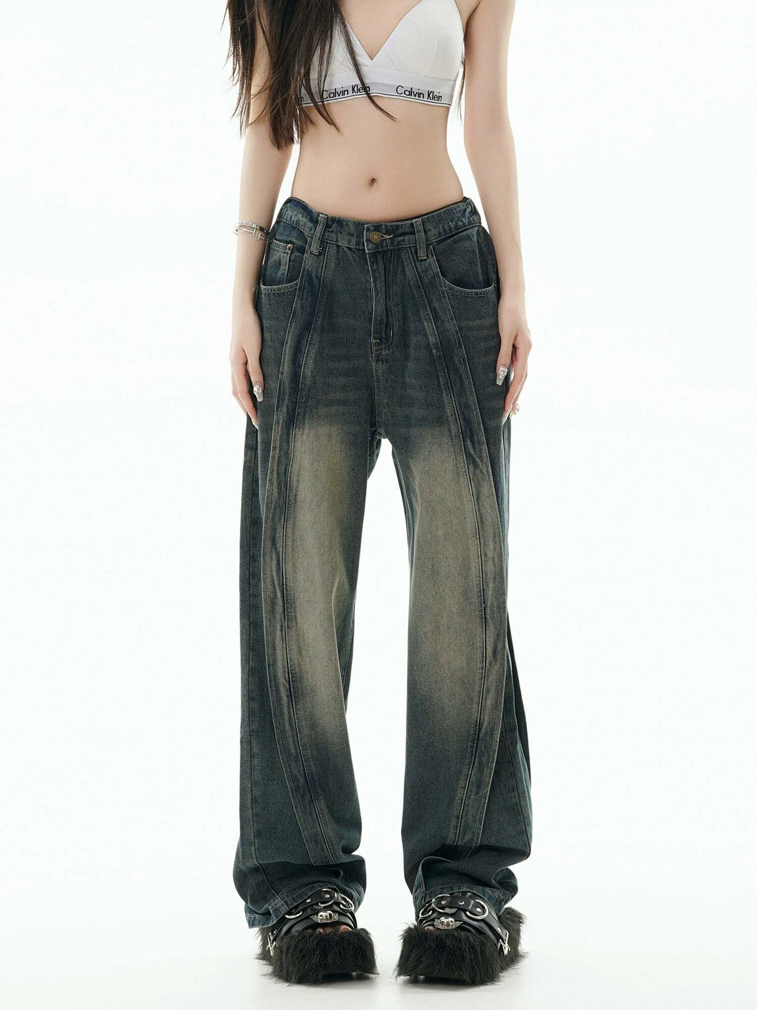 GCINIM Y2K Grunge Paneled Faded Denim Jeans - Retro 90s Fashion, Summer Y2K Outfits