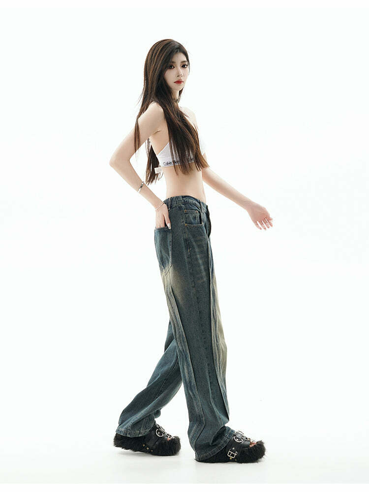 GCINIM Y2K Grunge Paneled Faded Denim Jeans - Retro 90s Fashion, Summer Y2K Outfits