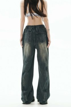 GCINIM Y2K Grunge Paneled Faded Denim Jeans - Retro 90s Fashion, Summer Y2K Outfits