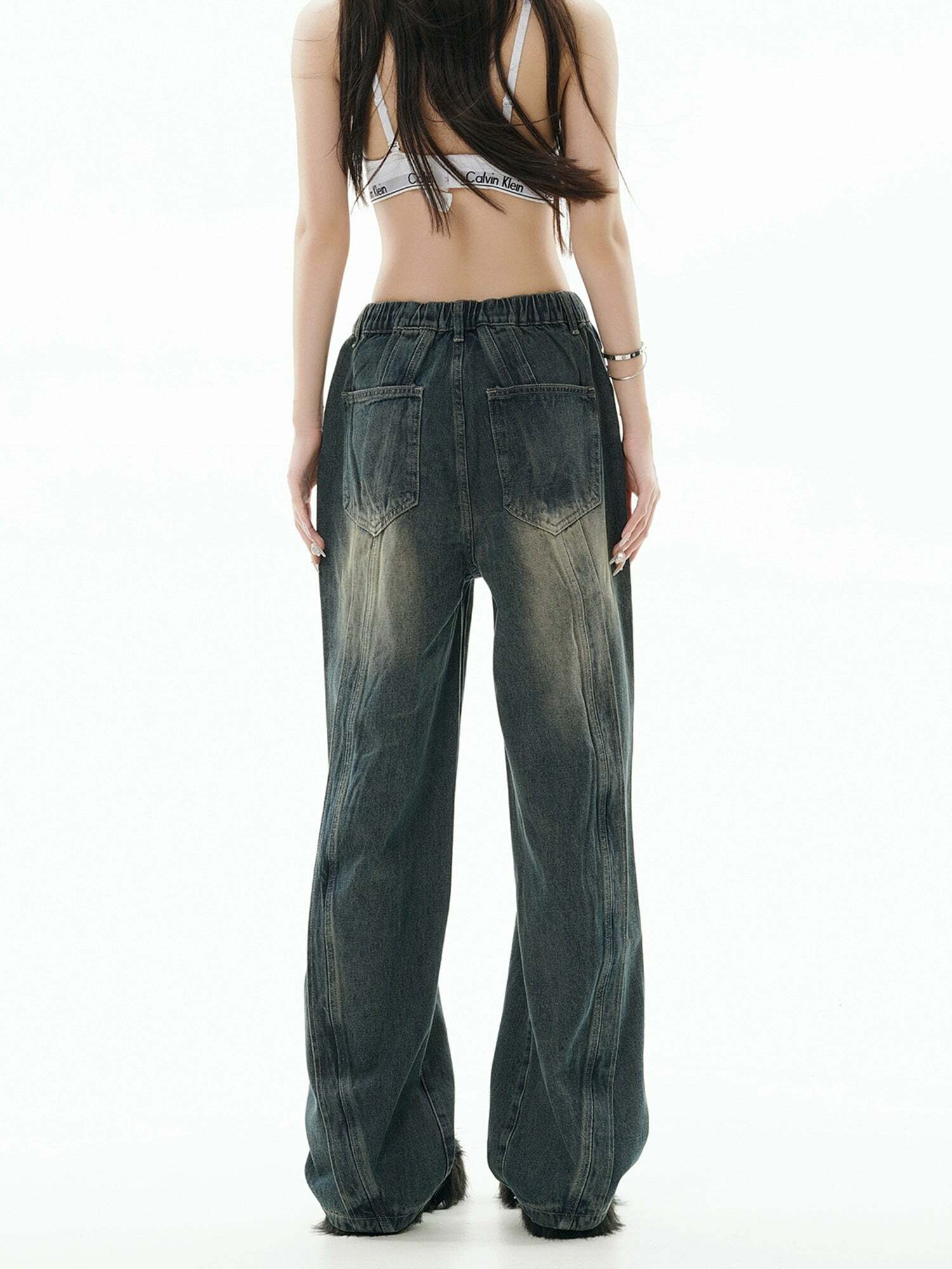 GCINIM Y2K Grunge Paneled Faded Denim Jeans - Retro 90s Fashion, Summer Y2K Outfits