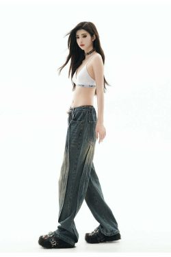 GCINIM Y2K Grunge Paneled Faded Denim Jeans - Retro 90s Fashion, Summer Y2K Outfits