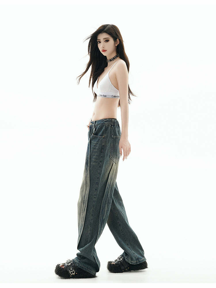 GCINIM Y2K Grunge Paneled Faded Denim Jeans - Retro 90s Fashion, Summer Y2K Outfits