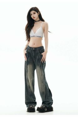 GCINIM Y2K Grunge Paneled Faded Denim Jeans - Retro 90s Fashion, Summer Y2K Outfits