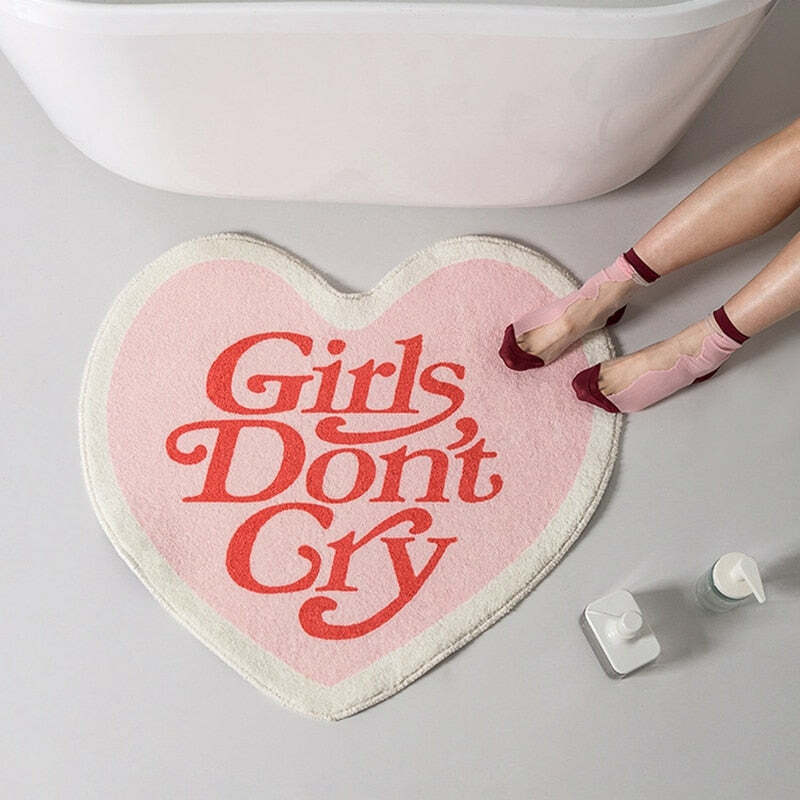 Girls Don't Cry Pink Heart Shape Carpet - Y2K Grunge, 90s Retro, Pastel Goth, Y2K Summer Decor