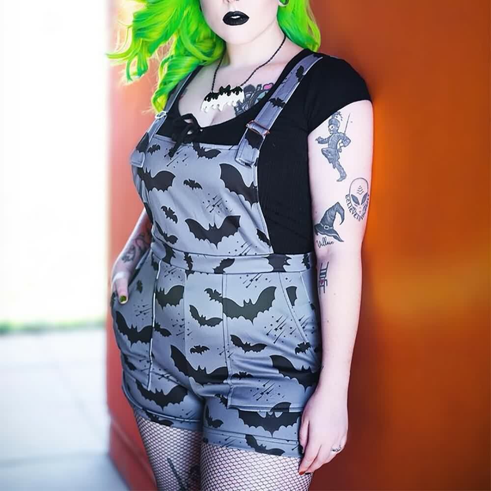 Gothic Bat Short Overalls - Y2K Grunge Summer Outfit, 90s Fashion, Retro Style, Pastel Goth