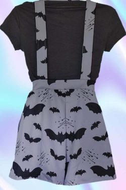 Gothic Bat Short Overalls - Y2K Grunge Summer Outfit, 90s Fashion, Retro Style, Pastel Goth