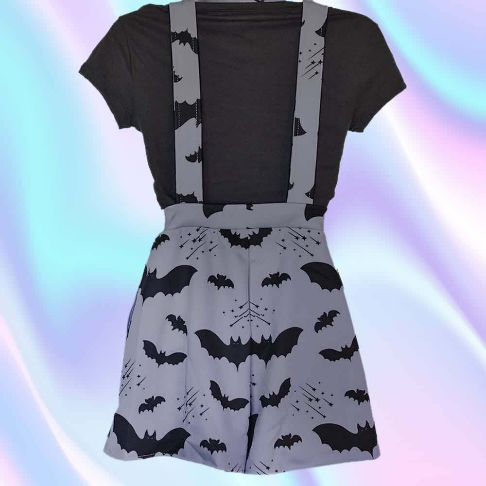 Gothic Bat Short Overalls - Y2K Grunge Summer Outfit, 90s Fashion, Retro Style, Pastel Goth