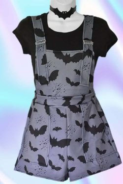 Gothic Bat Short Overalls - Y2K Grunge Summer Outfit, 90s Fashion, Retro Style, Pastel Goth