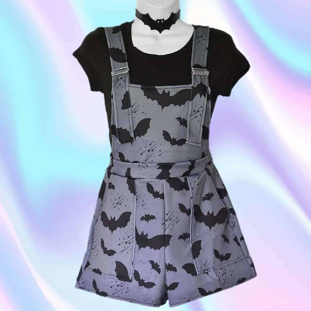 Gothic Bat Short Overalls - Y2K Grunge Summer Outfit, 90s Fashion, Retro Style, Pastel Goth