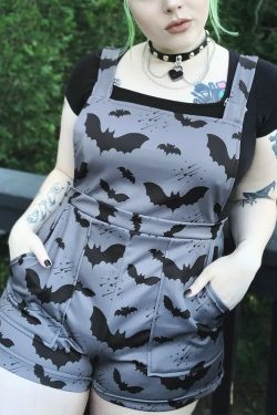Gothic Bat Short Overalls - Y2K Grunge Summer Outfit, 90s Fashion, Retro Style, Pastel Goth