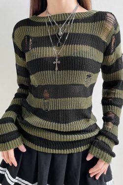 Gothic Black & Green Striped Sweater - Y2K Grunge, 90s Fashion, Retro Style, Pastel Goth Outfit