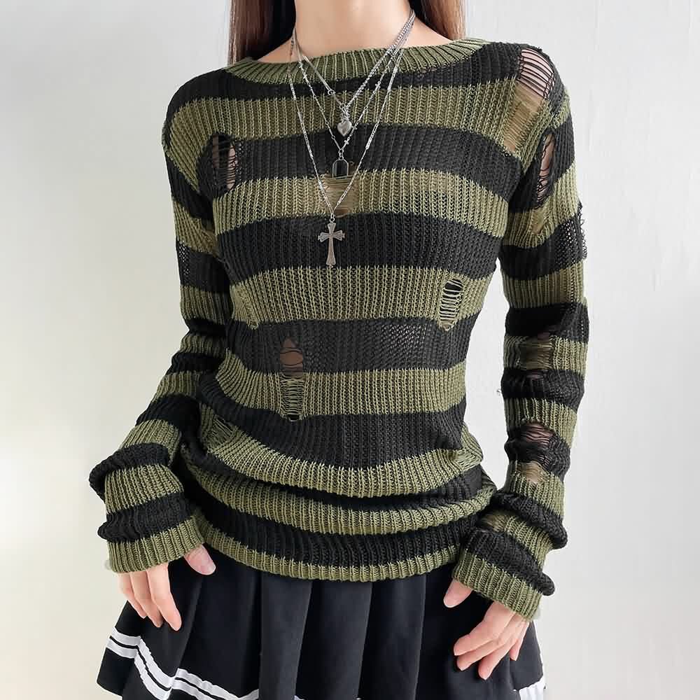 Gothic Black & Green Striped Sweater - Y2K Grunge, 90s Fashion, Retro Style, Pastel Goth Outfit