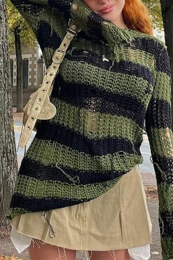 Gothic Black & Green Striped Sweater - Y2K Grunge, 90s Fashion, Retro Style, Pastel Goth Outfit