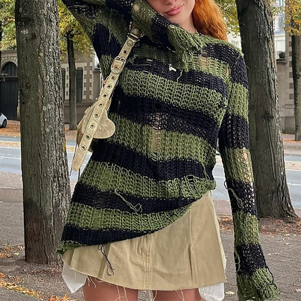 Gothic Black & Green Striped Sweater - Y2K Grunge, 90s Fashion, Retro Style, Pastel Goth Outfit