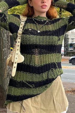 Gothic Black & Green Striped Sweater - Y2K Grunge, 90s Fashion, Retro Style, Pastel Goth Outfit