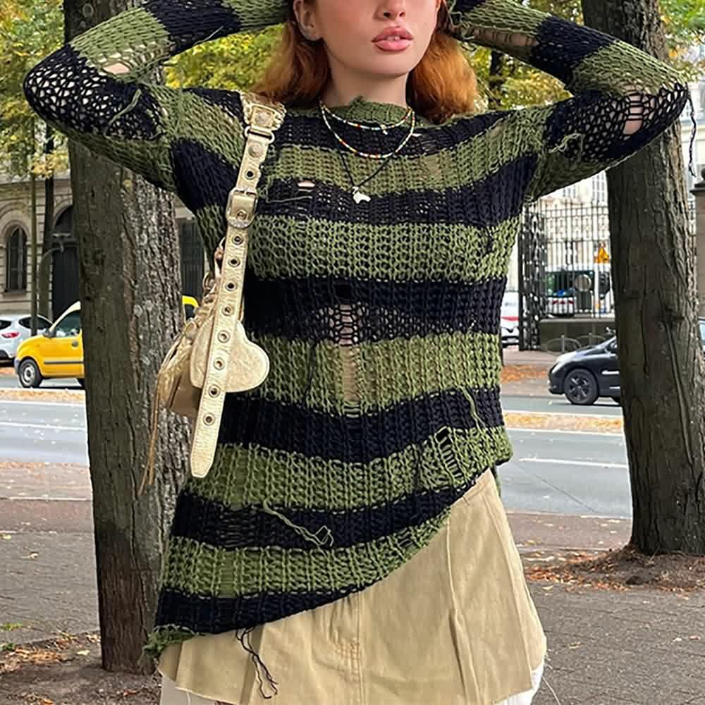 Gothic Black & Green Striped Sweater - Y2K Grunge, 90s Fashion, Retro Style, Pastel Goth Outfit