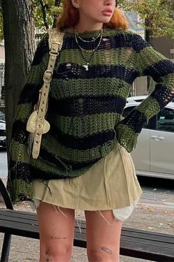 Gothic Black & Green Striped Sweater - Y2K Grunge, 90s Fashion, Retro Style, Pastel Goth Outfit