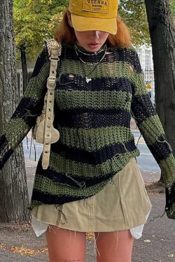 Gothic Black & Green Striped Sweater - Y2K Grunge, 90s Fashion, Retro Style, Pastel Goth Outfit