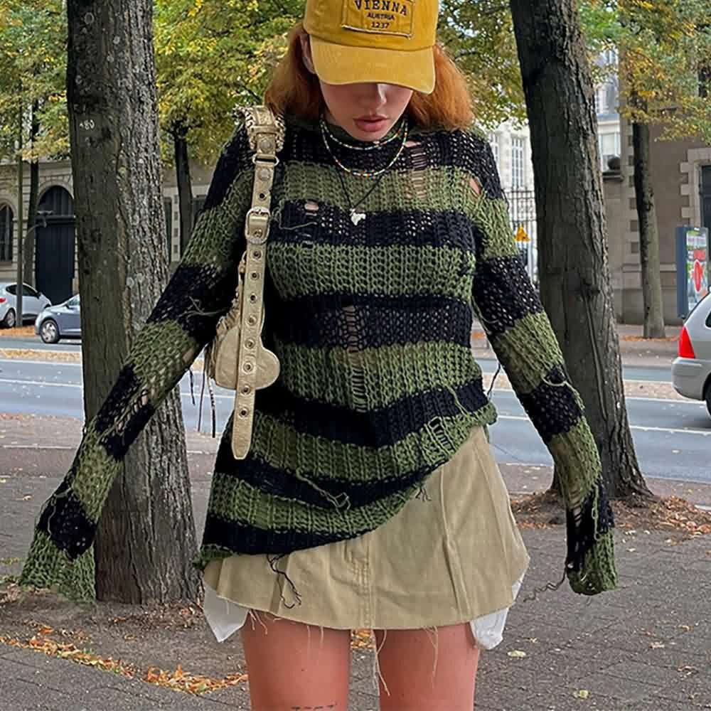 Gothic Black & Green Striped Sweater - Y2K Grunge, 90s Fashion, Retro Style, Pastel Goth Outfit