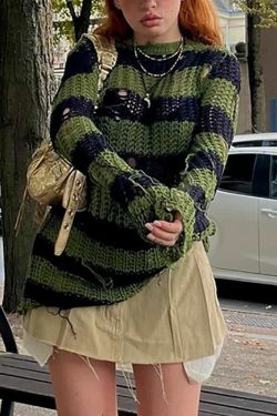 Gothic Black & Green Striped Sweater - Y2K Grunge, 90s Fashion, Retro Style, Pastel Goth Outfit