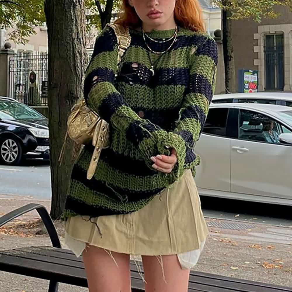 Gothic Black & Green Striped Sweater - Y2K Grunge, 90s Fashion, Retro Style, Pastel Goth Outfit