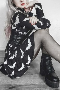 Gothic Black Bat Pattern Dress - Y2K Grunge, 90s Fashion, Retro Style, Pastel Goth Outfit
