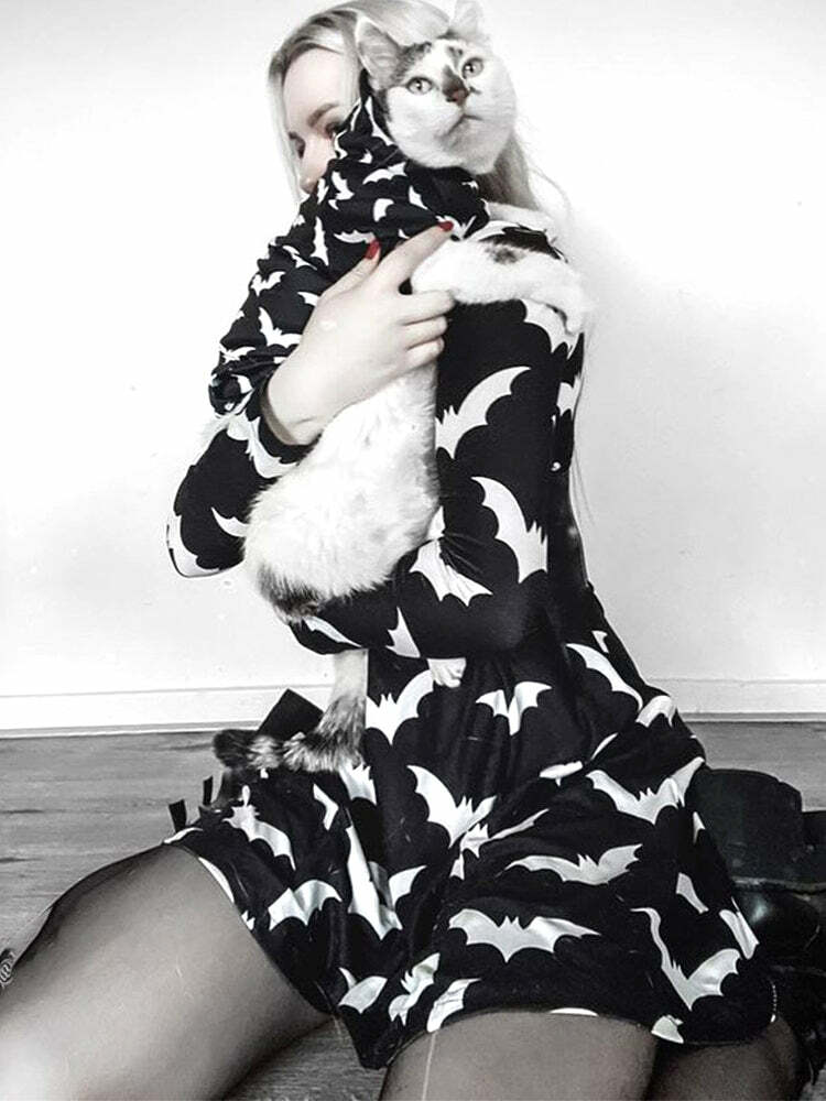 Gothic Black Bat Pattern Dress - Y2K Grunge, 90s Fashion, Retro Style, Pastel Goth Outfit