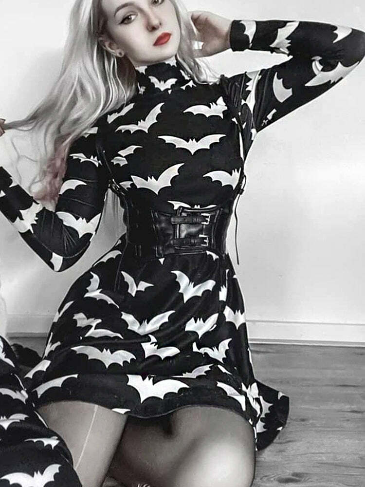 Gothic Black Bat Pattern Dress - Y2K Grunge, 90s Fashion, Retro Style, Pastel Goth Outfit