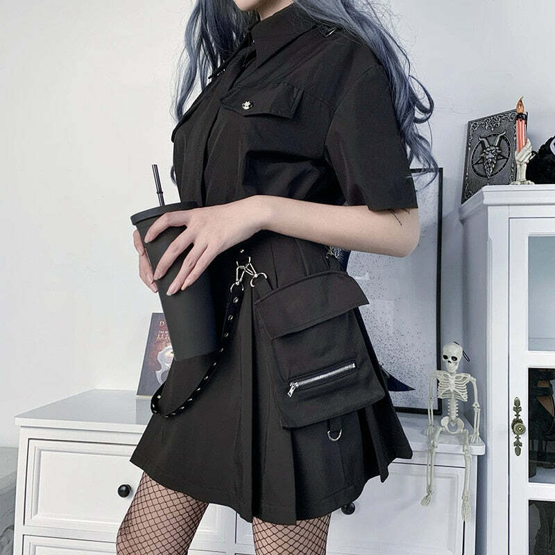 Gothic Black Cargo Skirt - Y2K Grunge, 90s Fashion, Retro Style, Y2K Summer Outfits