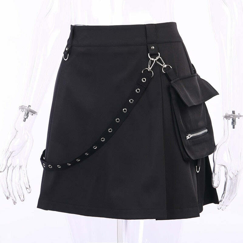Gothic Black Cargo Skirt - Y2K Grunge, 90s Fashion, Retro Style, Y2K Summer Outfits