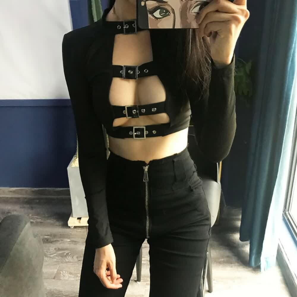 Gothic Buckle Detail Long Sleeve Crop Top - Y2K Grunge, 90s Fashion, Retro Style