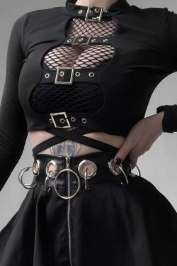 Gothic Buckle Detail Long Sleeve Crop Top - Y2K Grunge, 90s Fashion, Retro Style