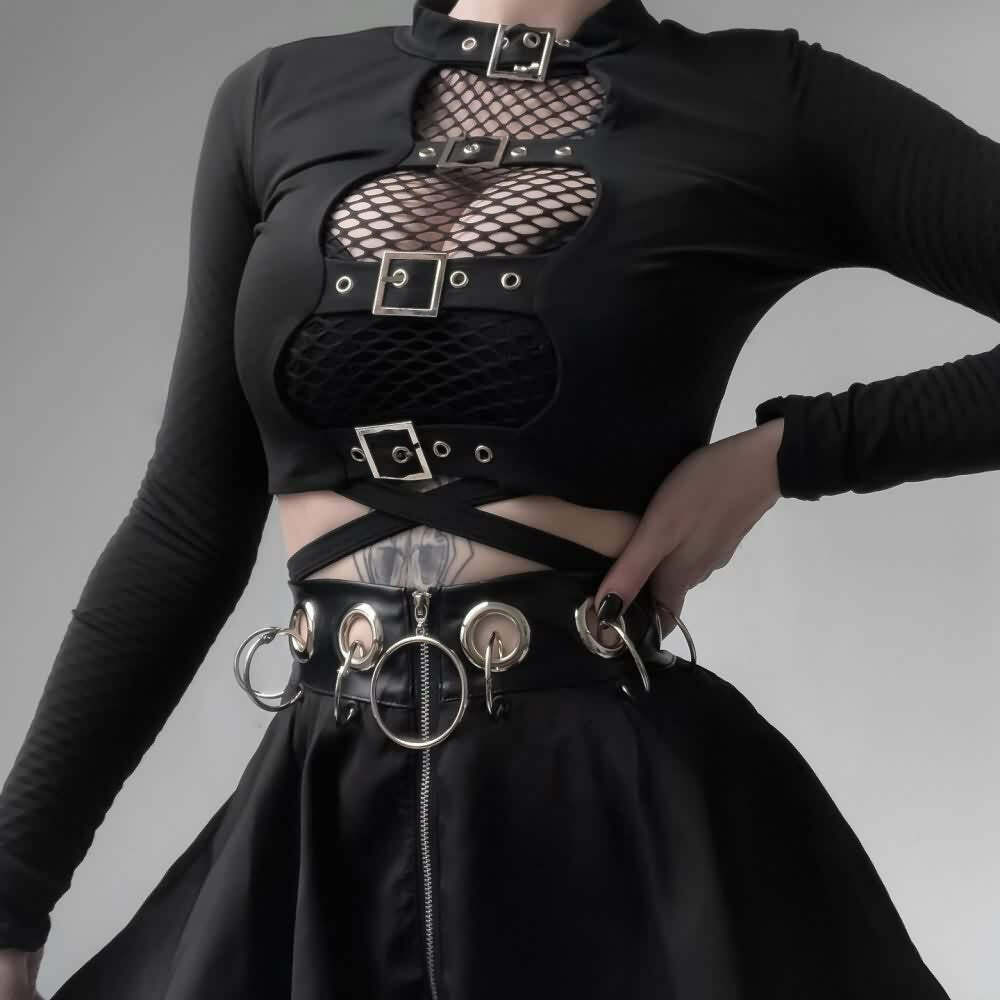 Gothic Buckle Detail Long Sleeve Crop Top - Y2K Grunge, 90s Fashion, Retro Style